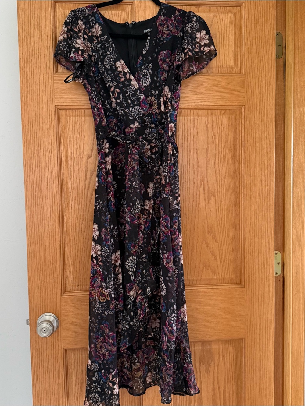 Kensie Black Floral High-Low Midi Dress with Pink & Purple Details - Picture 4 of 4